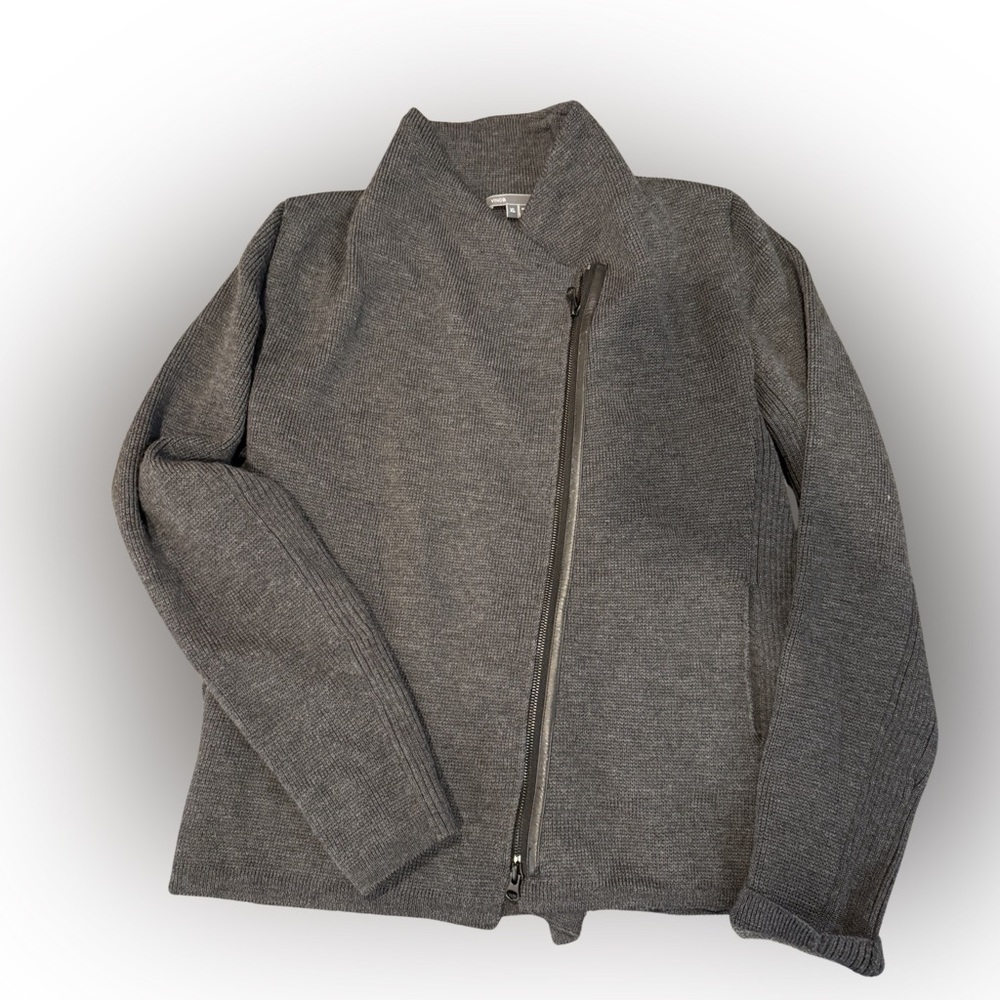 Vince Women’s biker grey wool sweater w leather trim size XL excellent-condition
